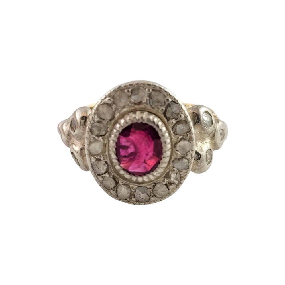 10K Yellow Gold Rose Cut Diamond Lab Created Ruby Floral Ring 6.5 #13925